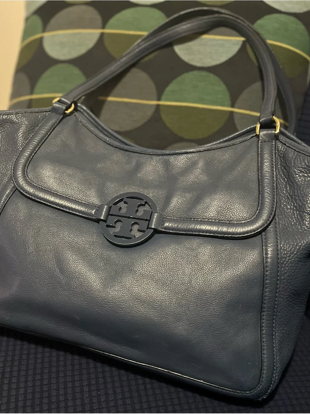 Tory Burch Navy Leather Shoulder Bag with Logo Medallion